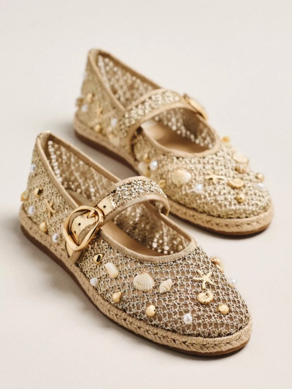 Dolce Vita Ralph Espadrille Flats Gold Beaded Pearl Mary Jane Buckle Strap NWT